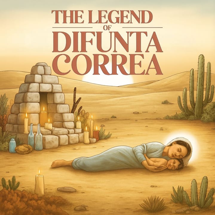 A woman lying in a desert cradling her child, both glowing softly, with candles, cacti, and a small stone shrine nearby under the title “The Legend of the Difunta Correa.”