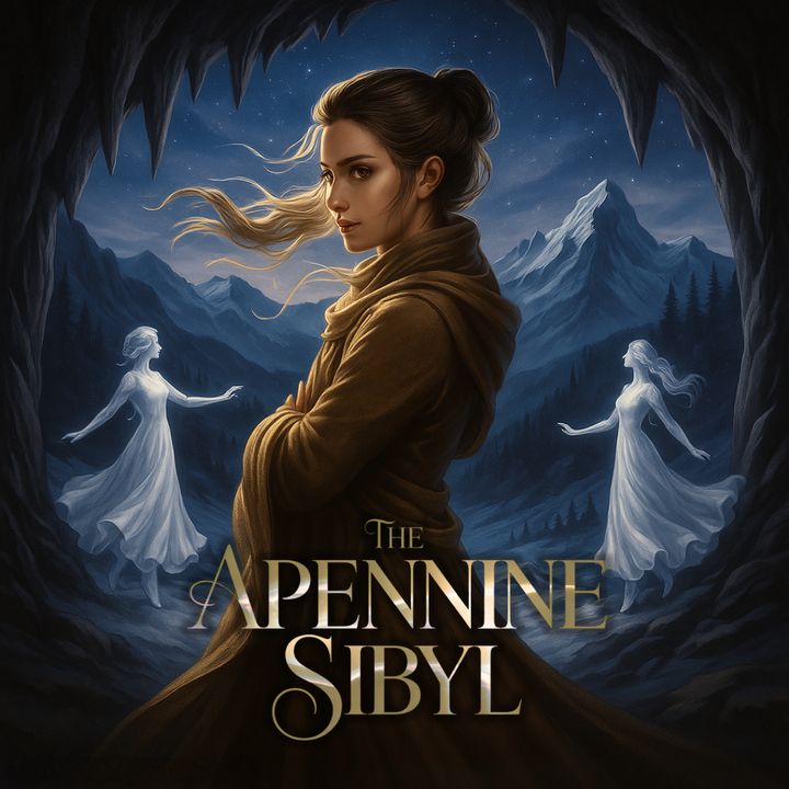 A woman standing at the entrance of a mountain cave, surrounded by a starry night sky and ghostly female figures in flowing white dresses, with the title “The Apennine Sibyl” below her.