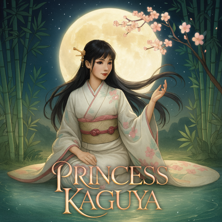 A young woman in a floral kimono sits by a moonlit pond, framed by bamboo and cherry blossoms, with a large glowing full moon behind her and the title “Princess Kaguya” below.